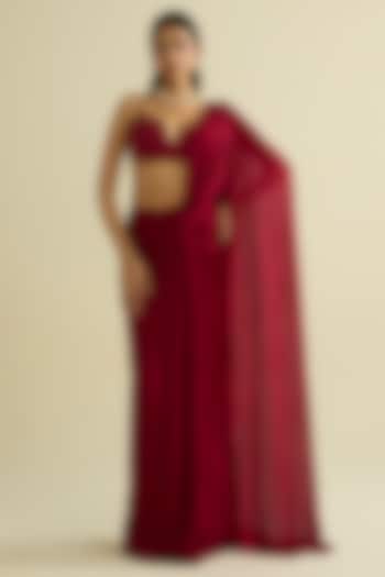 Maroon Georgette Pre-Draped Party Wear Saree Set by Label Meesa at Pernia's Pop Up Shop