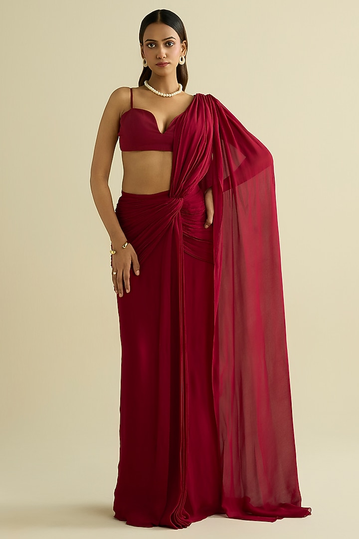 Maroon Georgette Pre-Draped Party Wear Saree Set by Label Meesa at Pernia's Pop Up Shop