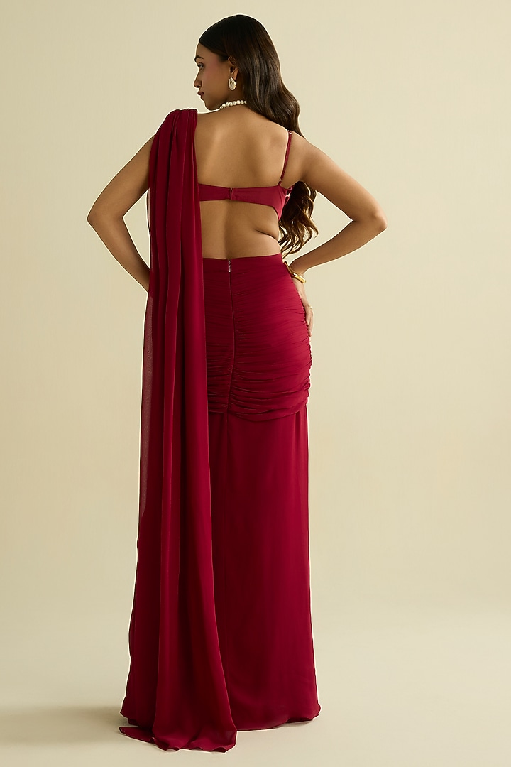 Maroon Georgette Pre-Draped Party Wear Saree Set by Label Meesa at Pernia's Pop Up Shop