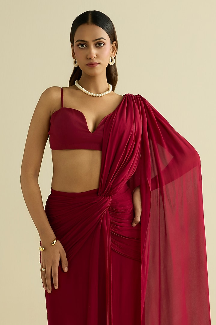 Maroon Georgette Pre-Draped Party Wear Saree Set by Label Meesa at Pernia's Pop Up Shop