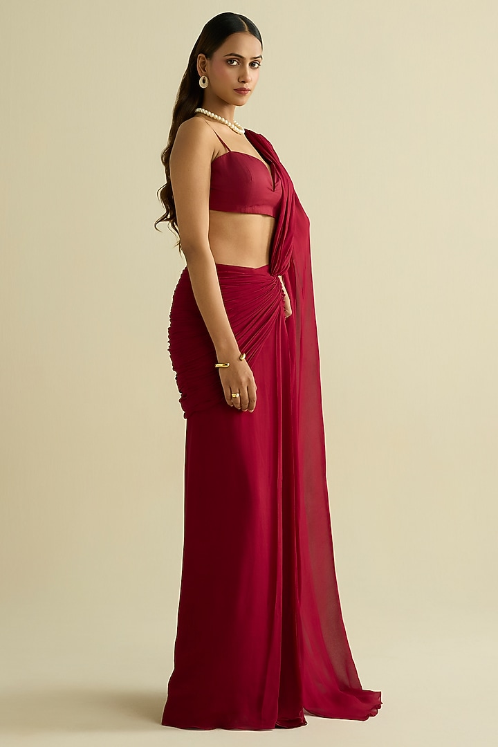 Maroon Georgette Pre-Draped Party Wear Saree Set by Label Meesa at Pernia's Pop Up Shop