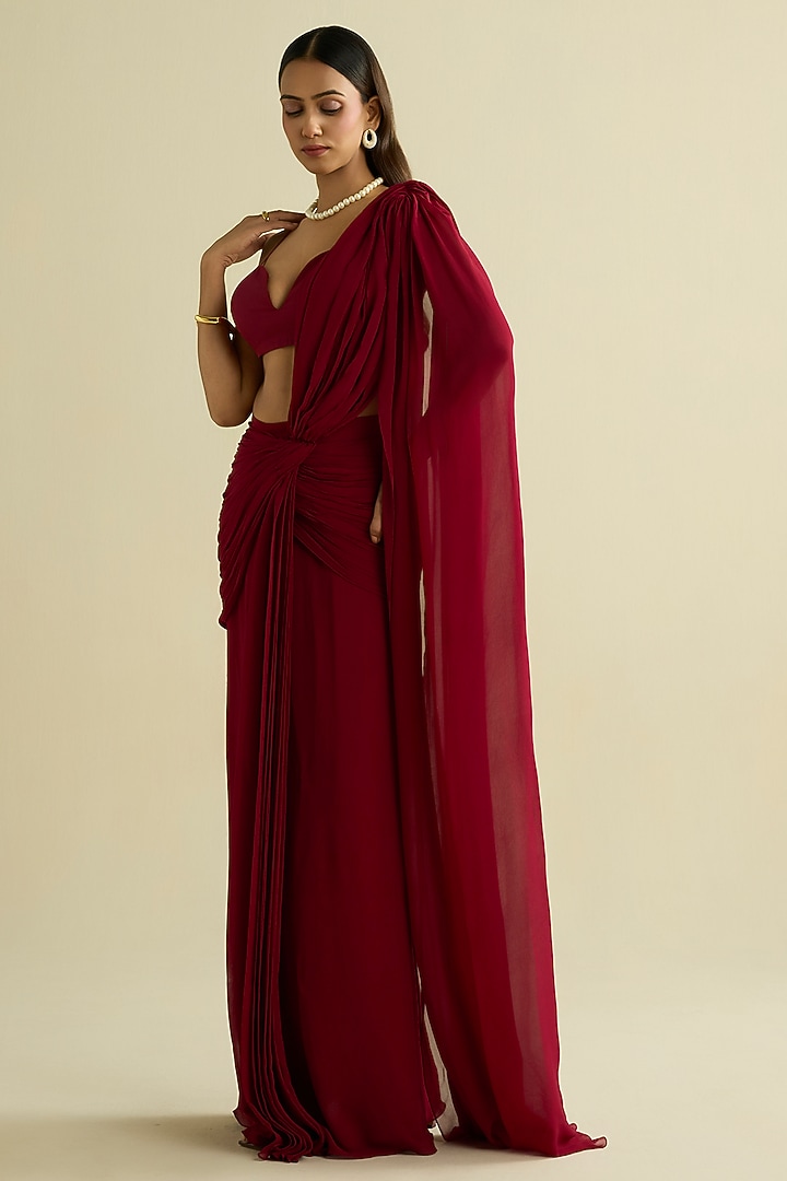 Maroon Georgette Pre-Draped Party Wear Saree Set by Label Meesa at Pernia's Pop Up Shop