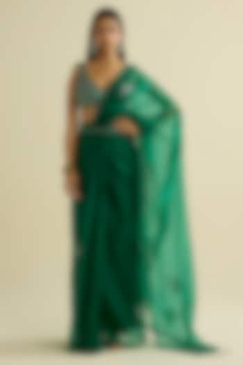Green Organza Hand Embroidered Pre-Draped Wedding Saree Set by Label Meesa at Pernia's Pop Up Shop