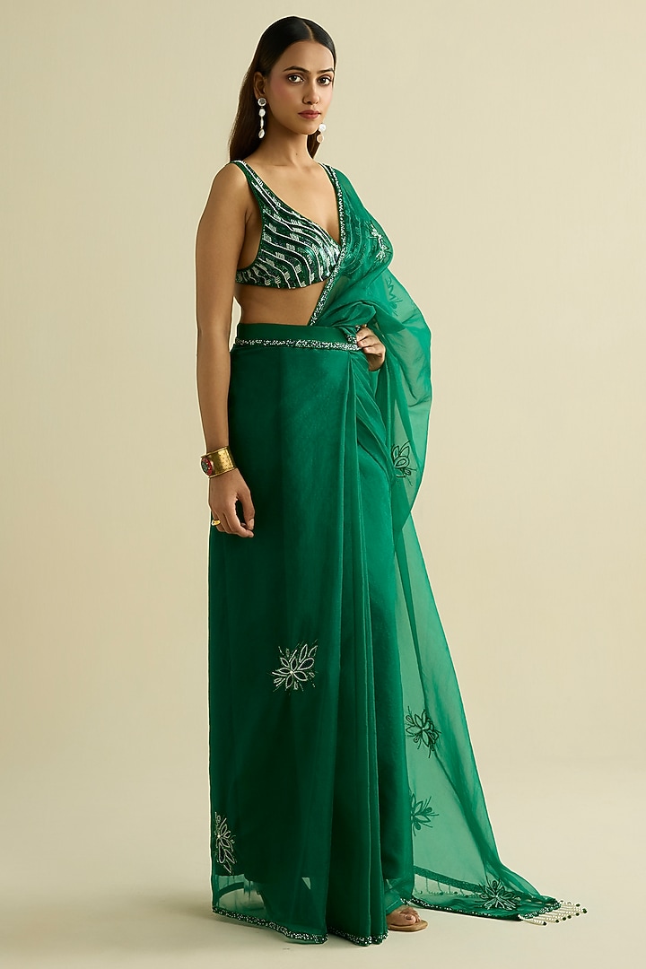 Green Organza Hand Embroidered Pre-Draped Wedding Saree Set by Label Meesa at Pernia's Pop Up Shop