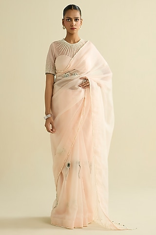 Pink Organza Hand Embroidered Pre-Draped Saree Set by Label Meesa