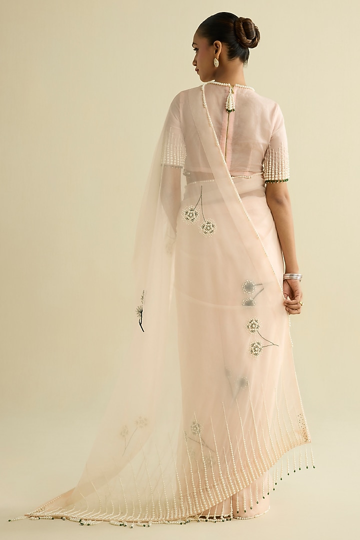 Pink Organza Hand Embroidered Pre-Draped Wedding Saree Set by Label Meesa at Pernia's Pop Up Shop