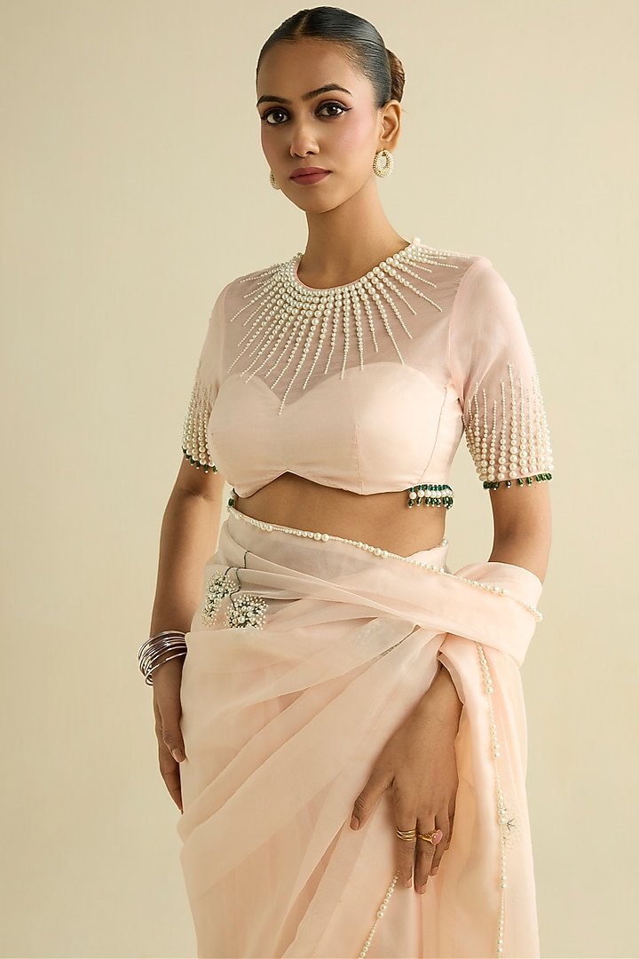Pink Organza Hand Embroidered Pre-Draped Wedding Saree Set by Label Meesa at Pernia's Pop Up Shop