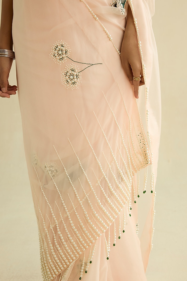 Pink Organza Hand Embroidered Pre-Draped Wedding Saree Set by Label Meesa at Pernia's Pop Up Shop