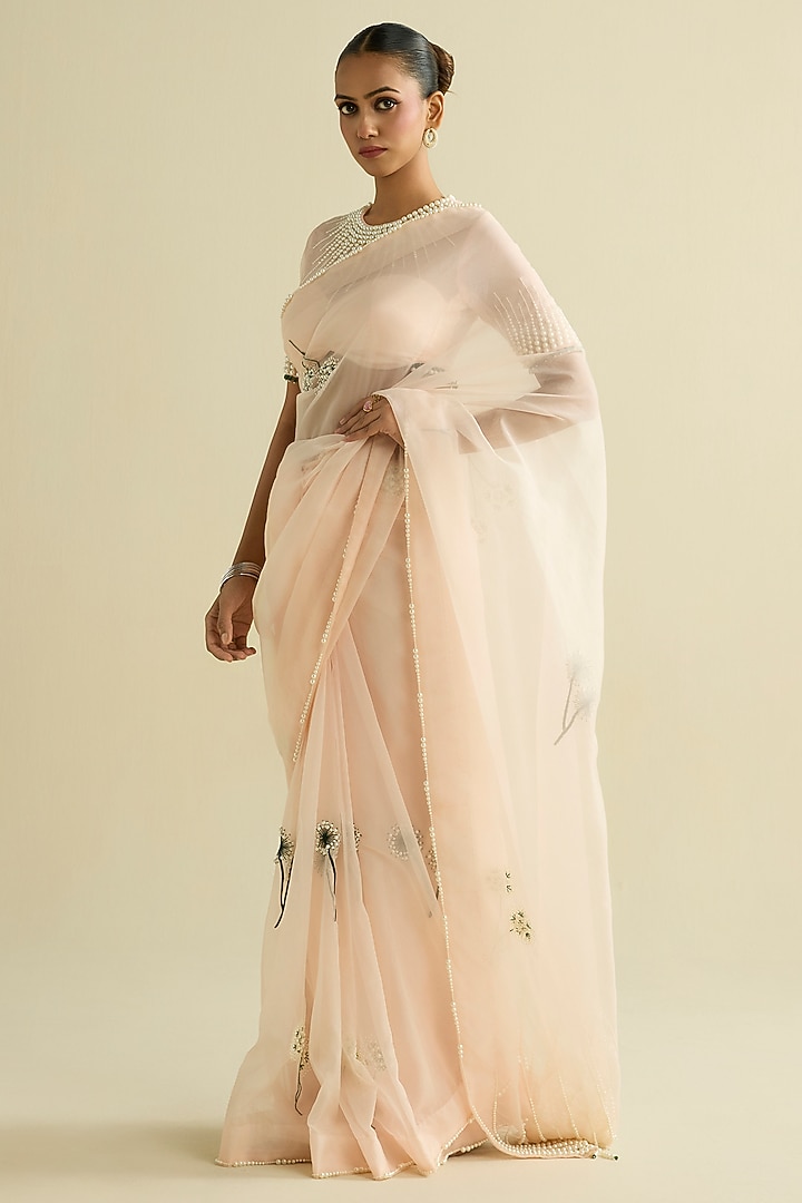 Pink Organza Hand Embroidered Pre-Draped Wedding Saree Set by Label Meesa at Pernia's Pop Up Shop