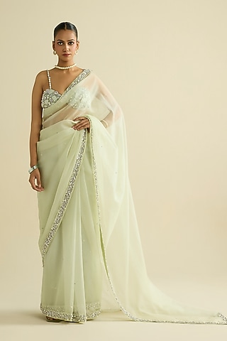 Green Organza Hand Embroidered Pre-Draped Saree Set by Label Meesa