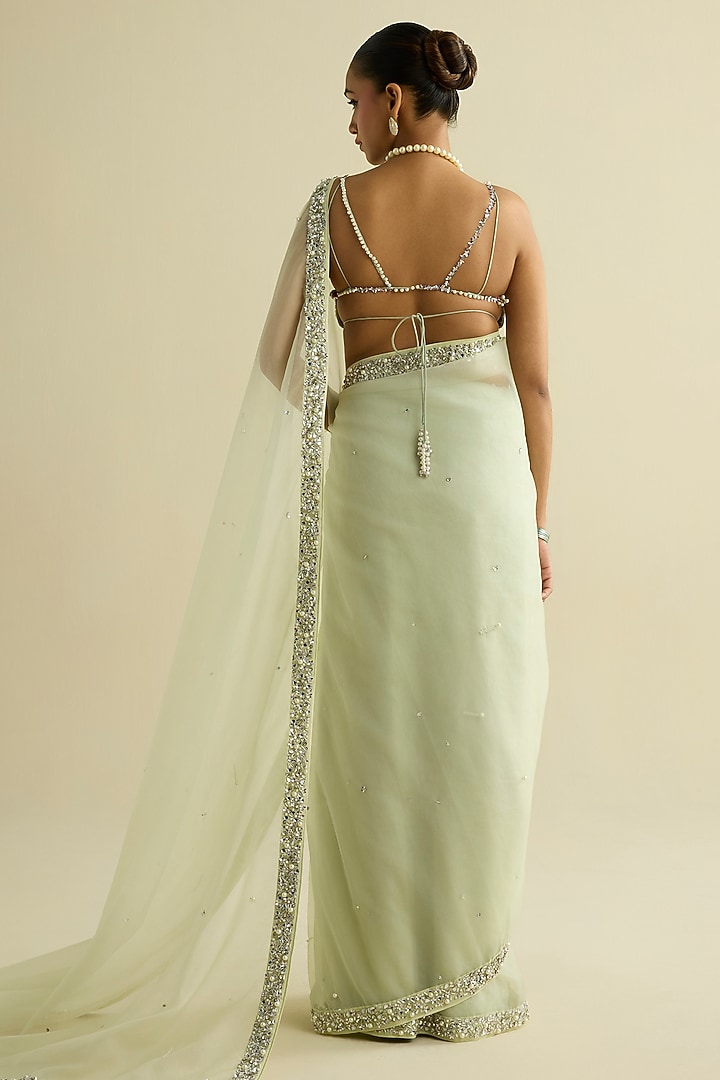 Green Organza Hand Embroidered Pre-Draped Wedding Saree Set by Label Meesa at Pernia's Pop Up Shop
