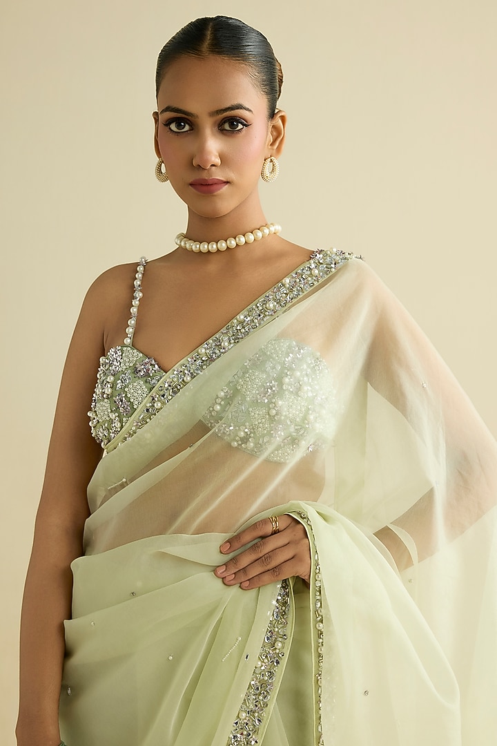 Green Organza Hand Embroidered Pre-Draped Wedding Saree Set by Label Meesa at Pernia's Pop Up Shop