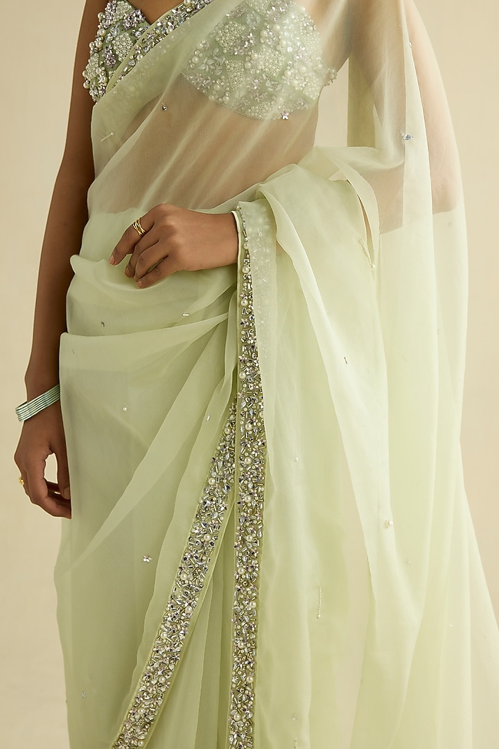 Green Organza Hand Embroidered Pre-Draped Wedding Saree Set by Label Meesa at Pernia's Pop Up Shop