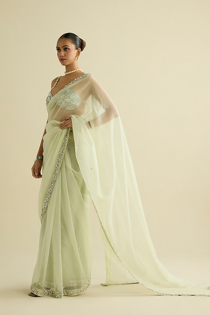 Green Organza Hand Embroidered Pre-Draped Wedding Saree Set by Label Meesa at Pernia's Pop Up Shop