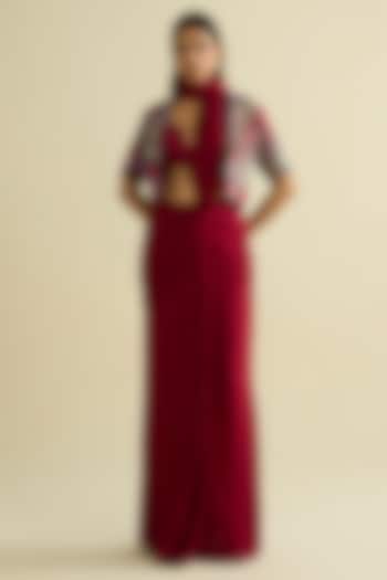 Maroon Georgette Pre-Draped Wedding Saree Set by Label Meesa at Pernia's Pop Up Shop