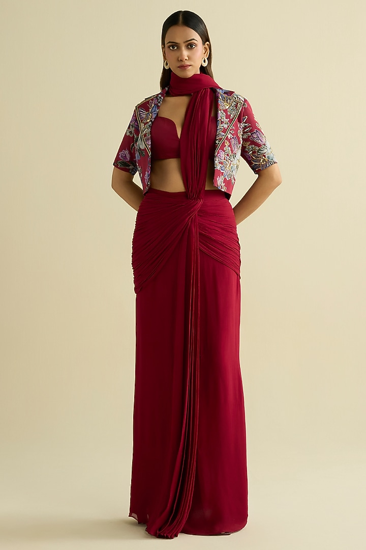 Maroon Georgette Pre-Draped Wedding Saree Set by Label Meesa at Pernia's Pop Up Shop