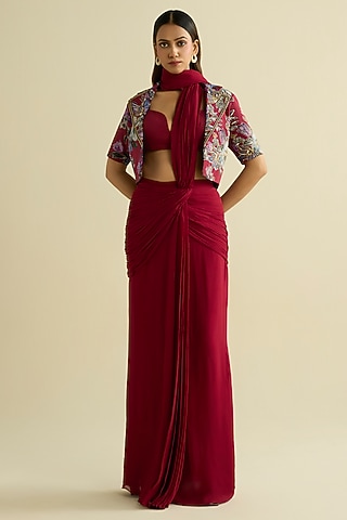 Maroon Georgette Pre-Draped Saree Set by Label Meesa