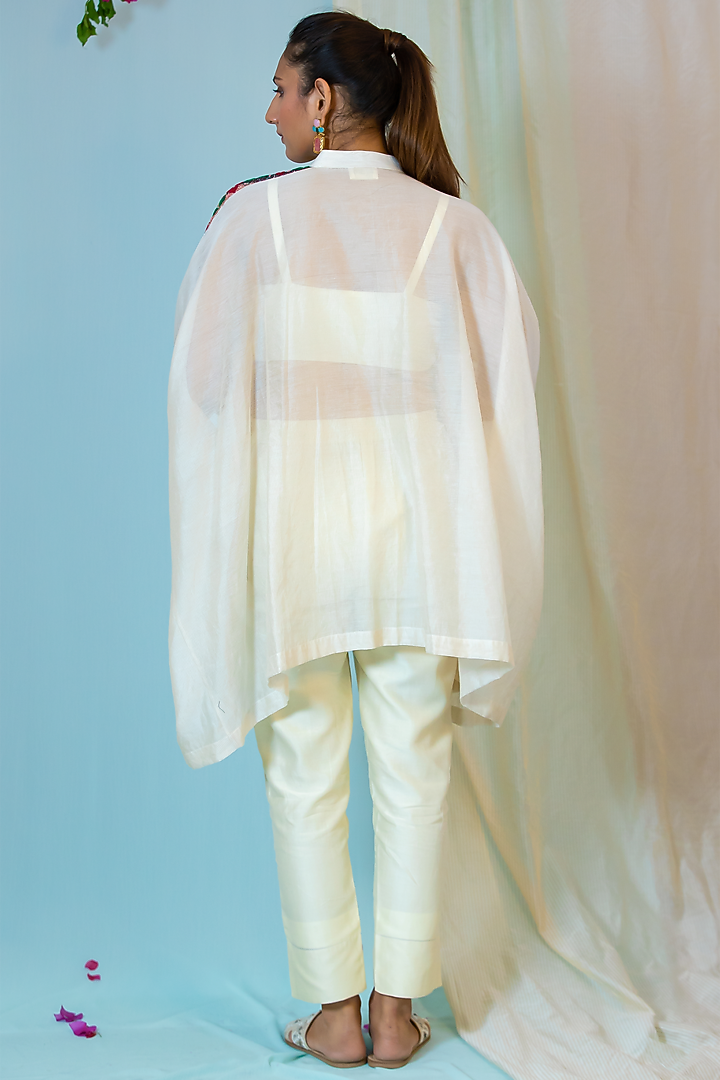 Off-White Silk Embroidered Kaftan Shirt by Label Meesa at Pernia's Pop Up Shop