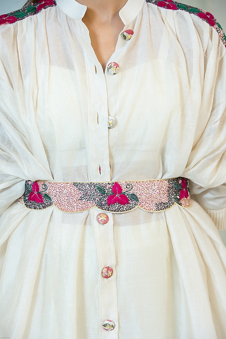 Off-White Silk Embroidered Kaftan Shirt by Label Meesa at Pernia's Pop Up Shop