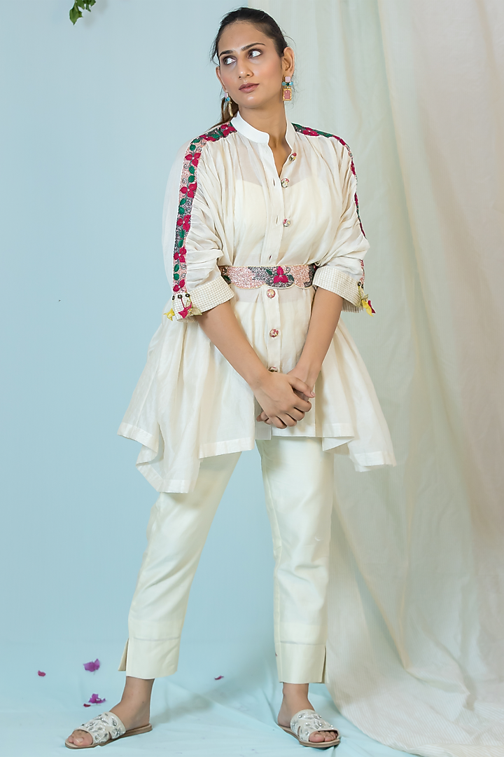 Off-White Silk Embroidered Kaftan Shirt by Label Meesa at Pernia's Pop Up Shop