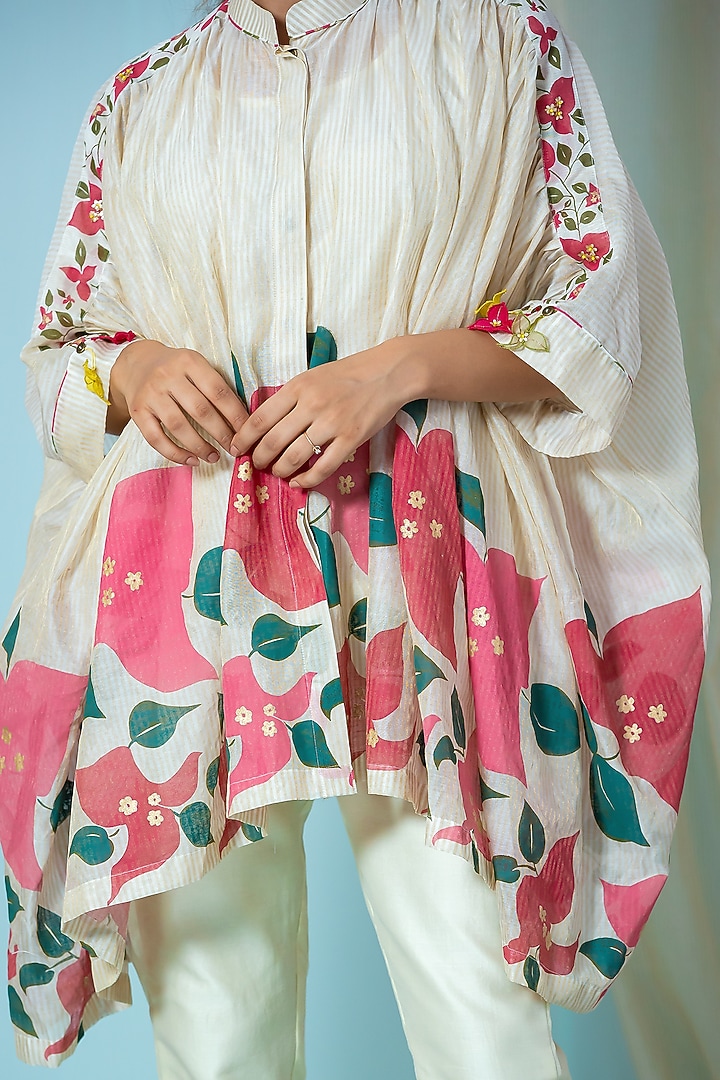 Off-White Silk Printed Kaftan Shirt by Label Meesa at Pernia's Pop Up Shop