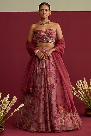 Pink Organza Screen Printed Lehenga Set by Label Meesa