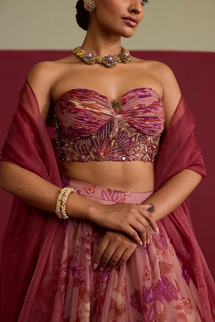 Pink Organza Screen Printed Lehenga Set by Label Meesa at Pernia's Pop Up Shop
