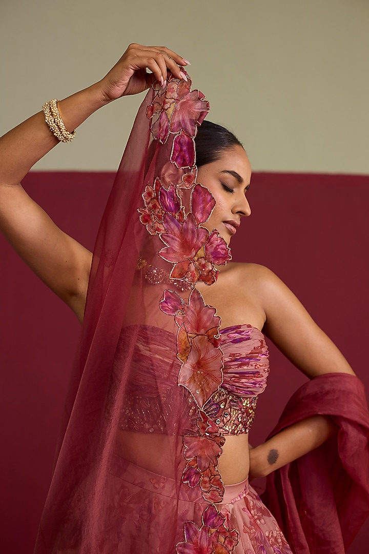 Pink Organza Screen Printed Lehenga Set by Label Meesa at Pernia's Pop Up Shop