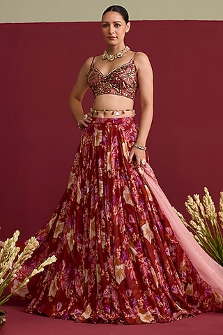Red Georgette Screen Printed Lehenga Set by Label Meesa