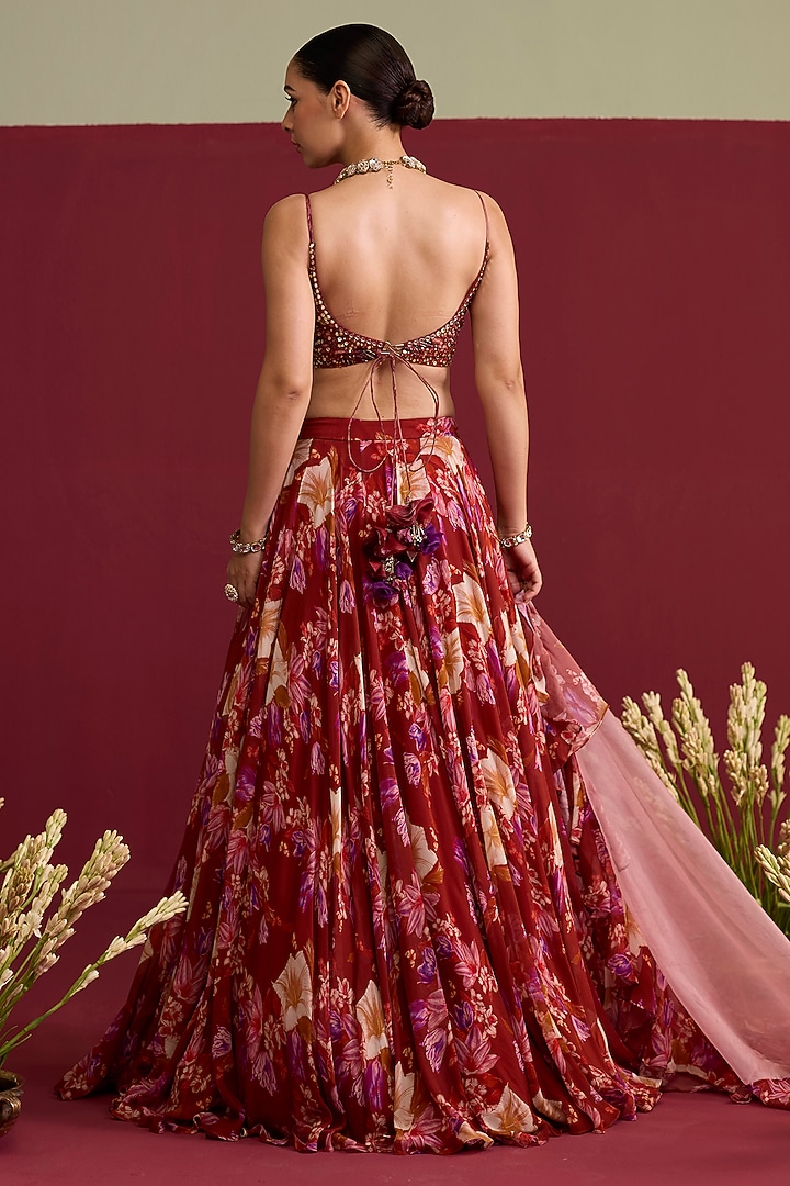 Red Georgette Screen Printed Wedding Lehenga Set by Label Meesa at Pernia's Pop Up Shop