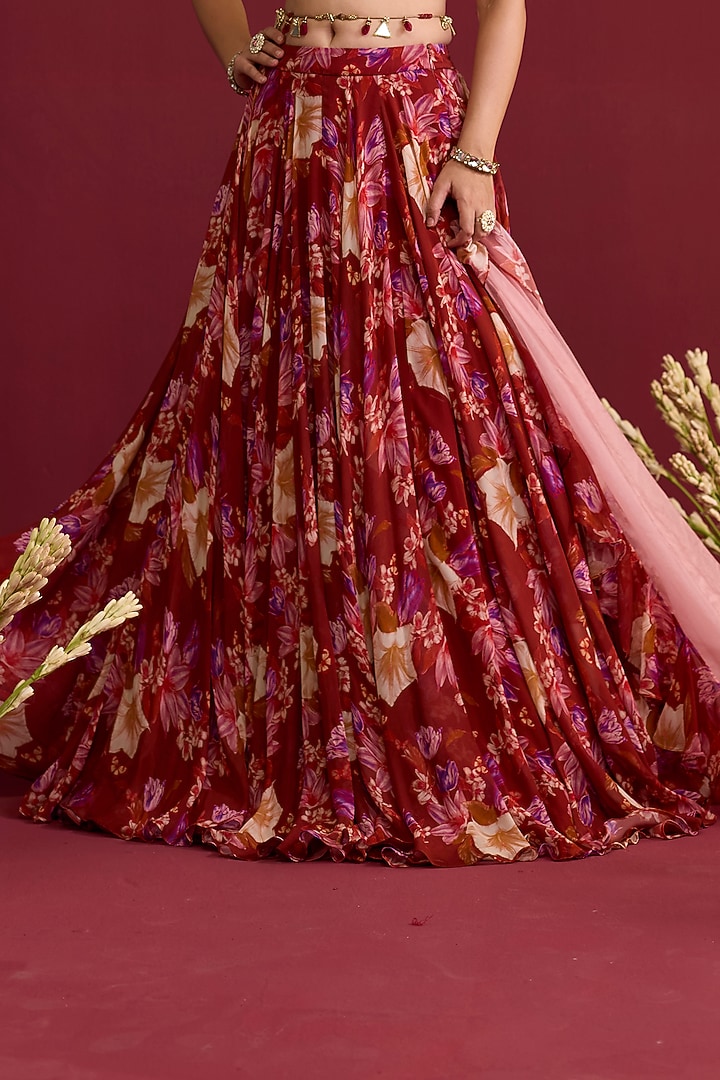 Red Georgette Screen Printed Wedding Lehenga Set by Label Meesa at Pernia's Pop Up Shop
