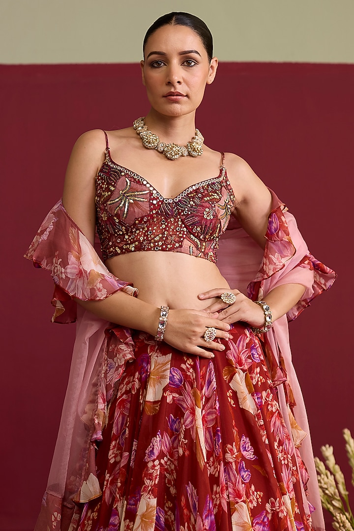 Red Georgette Screen Printed Wedding Lehenga Set by Label Meesa at Pernia's Pop Up Shop