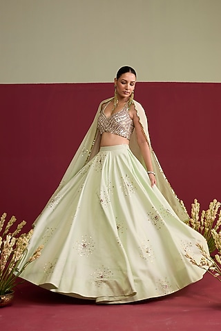 Sage Green Chanderi Silk Hand Embroidered Lehenga Set by Label Meesa