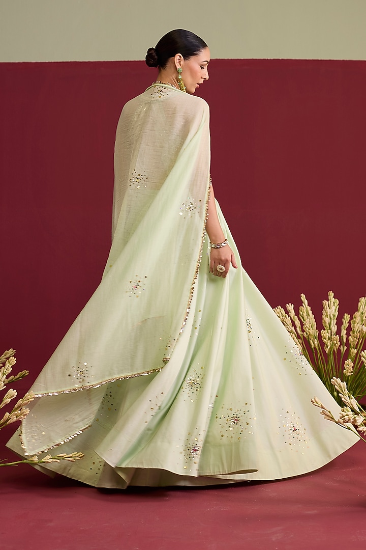 Sage Green Chanderi Silk Hand Embroidered Wedding Lehenga Set by Label Meesa at Pernia's Pop Up Shop