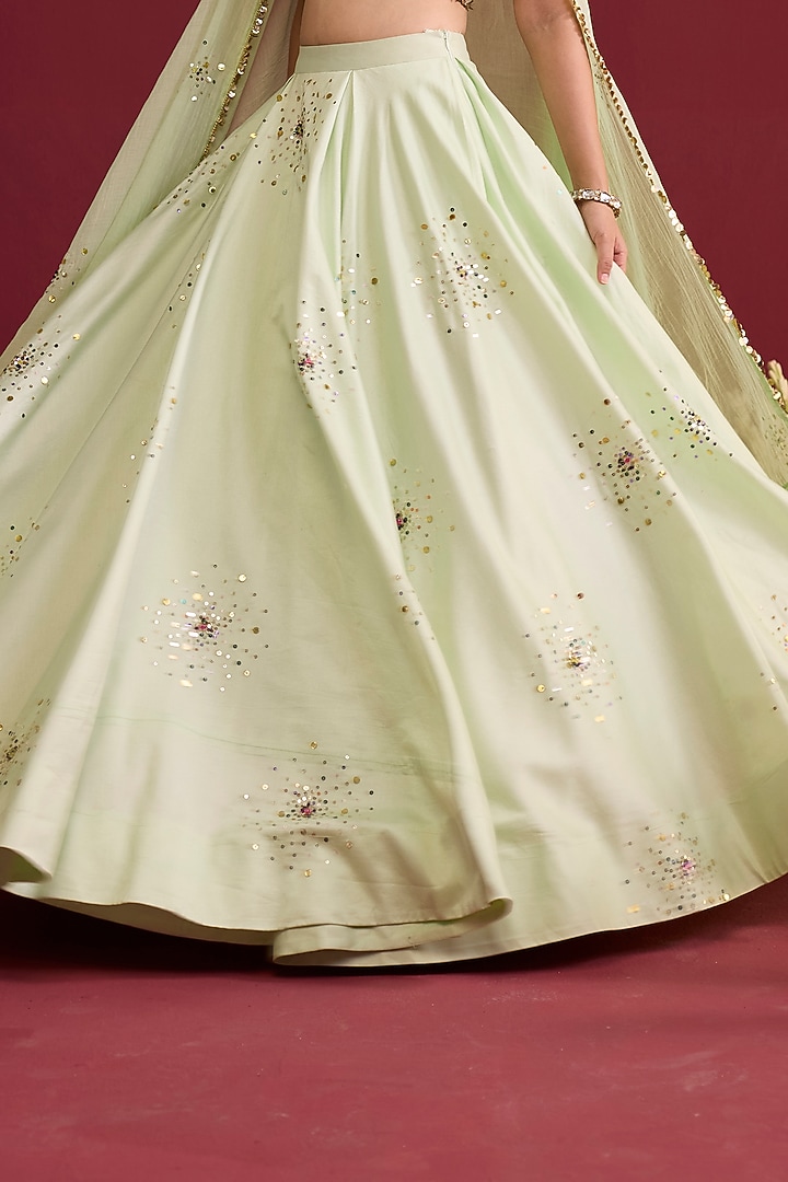 Sage Green Chanderi Silk Hand Embroidered Wedding Lehenga Set by Label Meesa at Pernia's Pop Up Shop