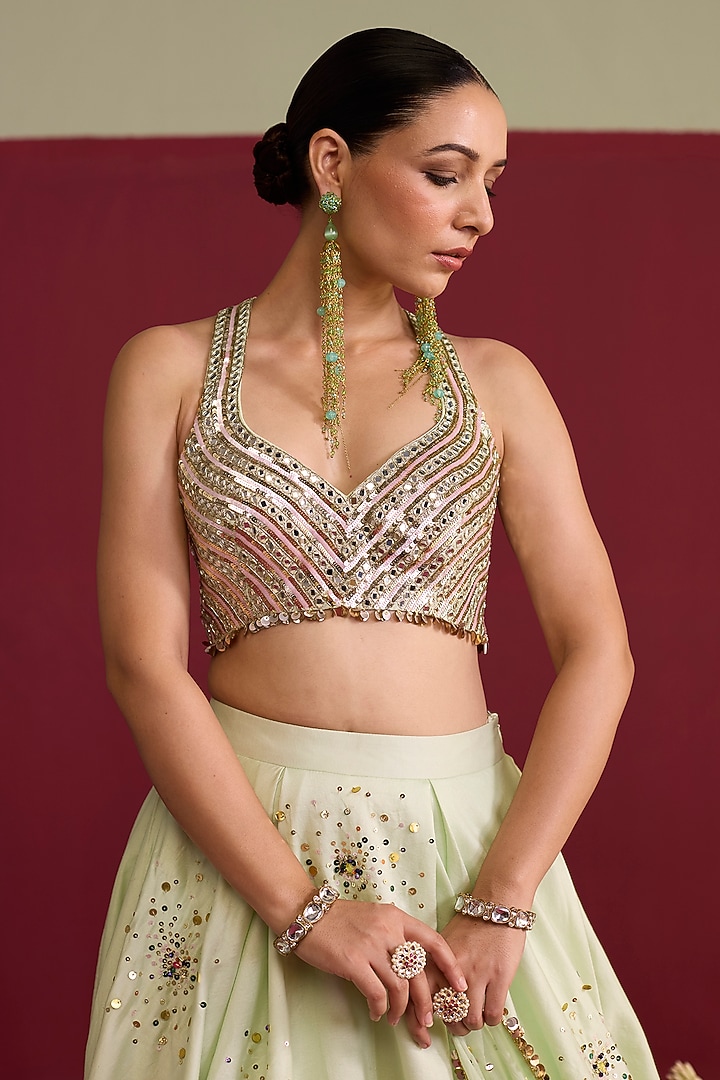 Sage Green Chanderi Silk Hand Embroidered Wedding Lehenga Set by Label Meesa at Pernia's Pop Up Shop