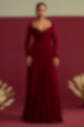 Maroon Chinon Chiffon Hand Embroidered Engagement Gown by Label Meesa at Pernia's Pop Up Shop