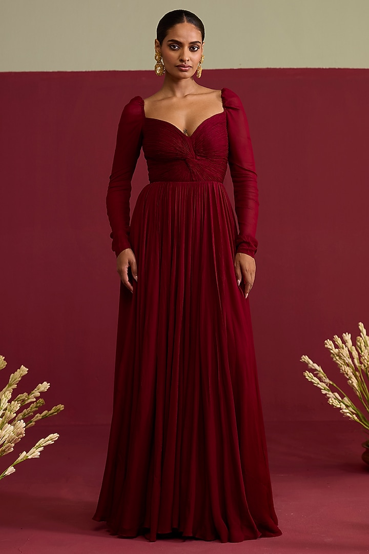 Maroon Chinon Chiffon Hand Embroidered Engagement Gown by Label Meesa at Pernia's Pop Up Shop