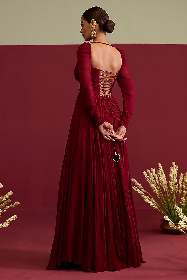 Maroon Chinon Chiffon Hand Embroidered Engagement Gown by Label Meesa at Pernia's Pop Up Shop