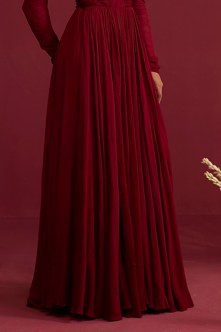 Maroon Chinon Chiffon Hand Embroidered Engagement Gown by Label Meesa at Pernia's Pop Up Shop