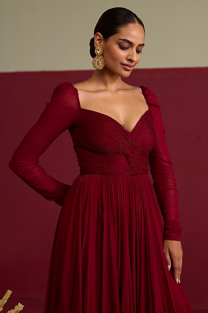 Maroon Chinon Chiffon Hand Embroidered Engagement Gown by Label Meesa at Pernia's Pop Up Shop