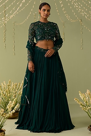 Green Georgette Hand Embroidered Lehenga Set by Label Meesa