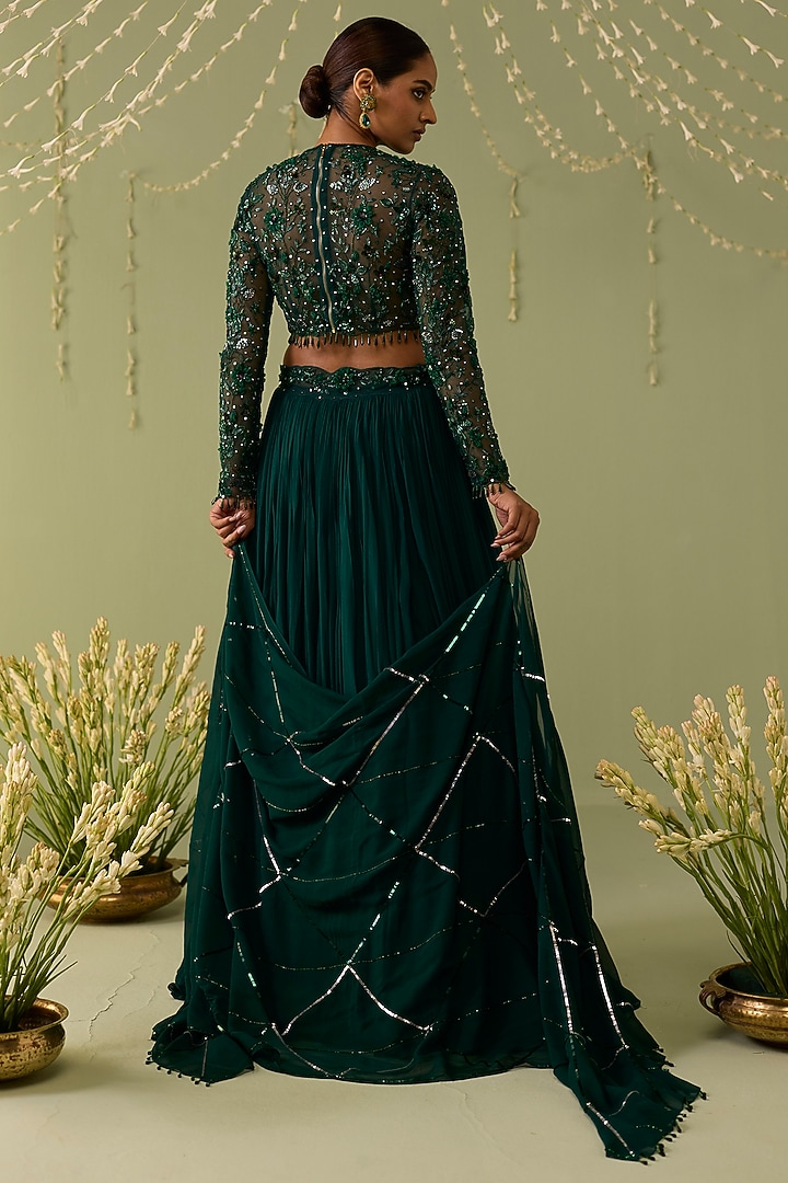 Green Georgette Hand Embroidered Wedding Lehenga Set by Label Meesa at Pernia's Pop Up Shop