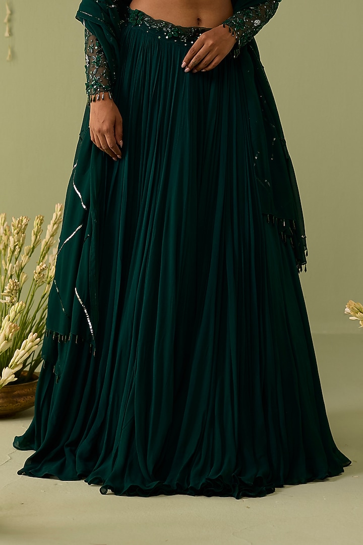 Green Georgette Hand Embroidered Wedding Lehenga Set by Label Meesa at Pernia's Pop Up Shop
