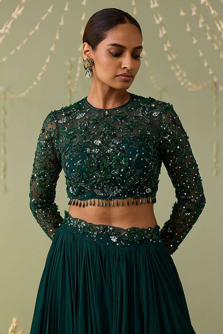 Green Georgette Hand Embroidered Wedding Lehenga Set by Label Meesa at Pernia's Pop Up Shop
