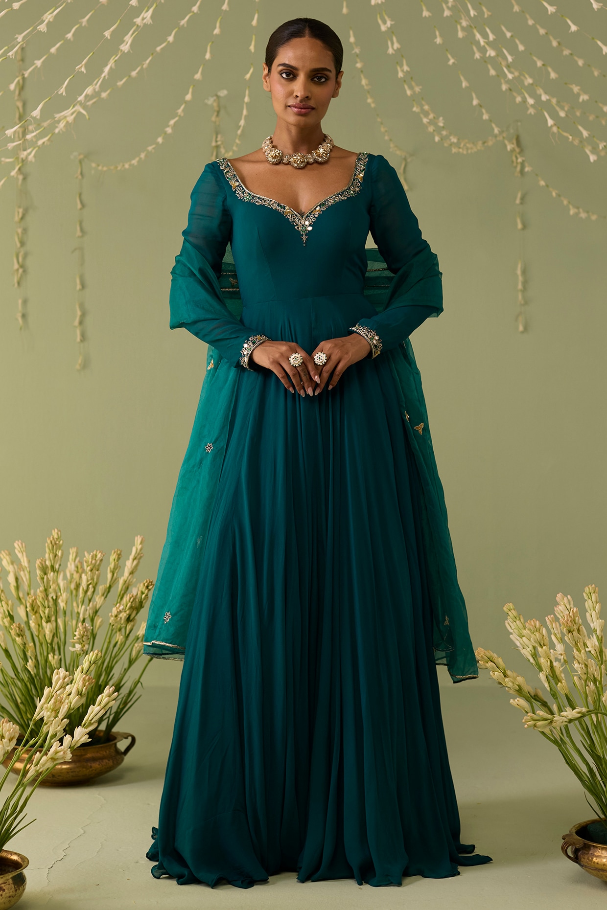 Label Meesa Teal Blue Georgette Hand Embroidered Anarkali Set