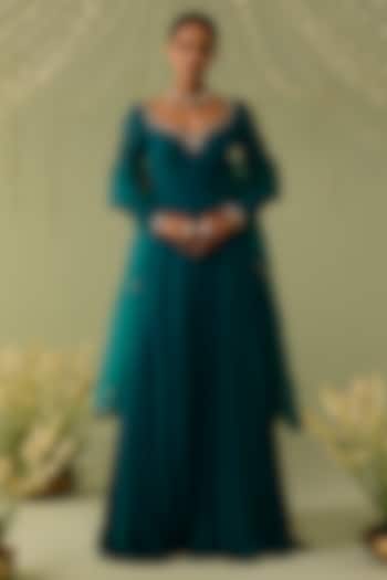 Teal Blue Georgette Hand Embroidered Party Wear Anarkali Set by Label Meesa at Pernia's Pop Up Shop