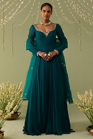 Teal Blue Georgette Hand Embroidered Anarkali Set by Label Meesa