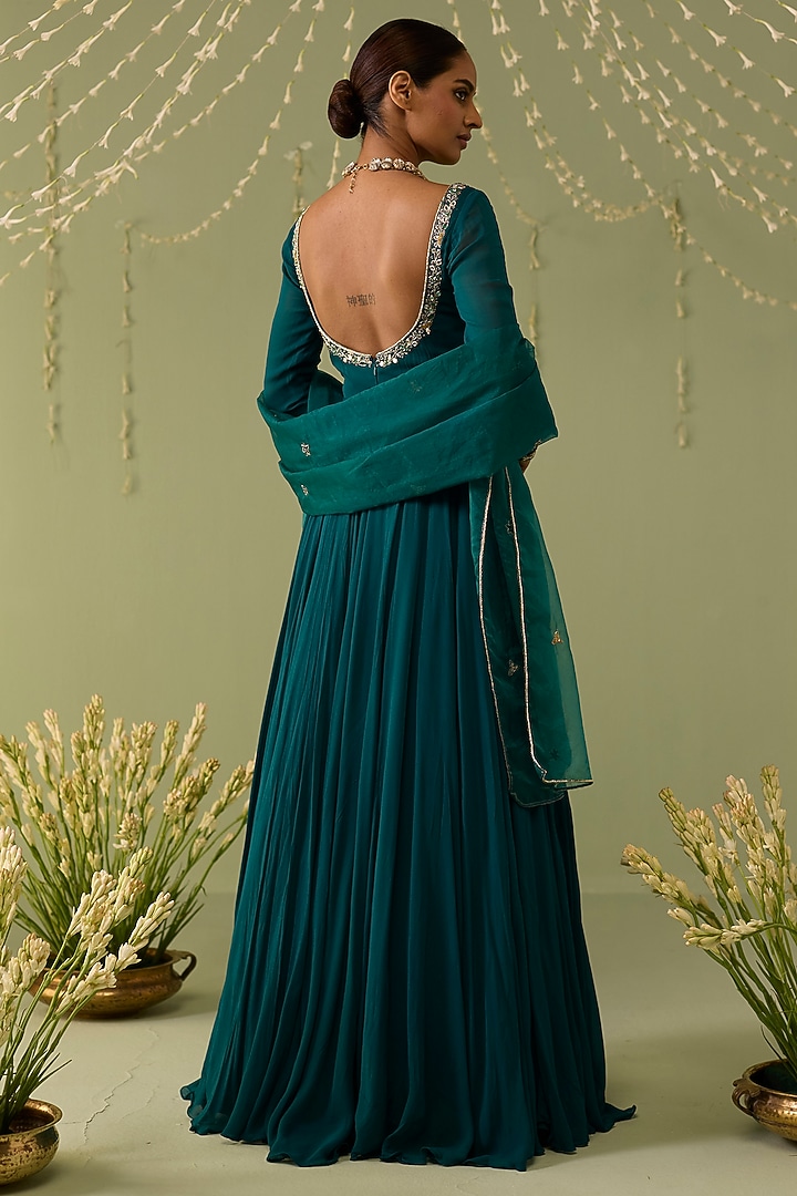 Teal Blue Georgette Hand Embroidered Party Wear Anarkali Set by Label Meesa at Pernia's Pop Up Shop