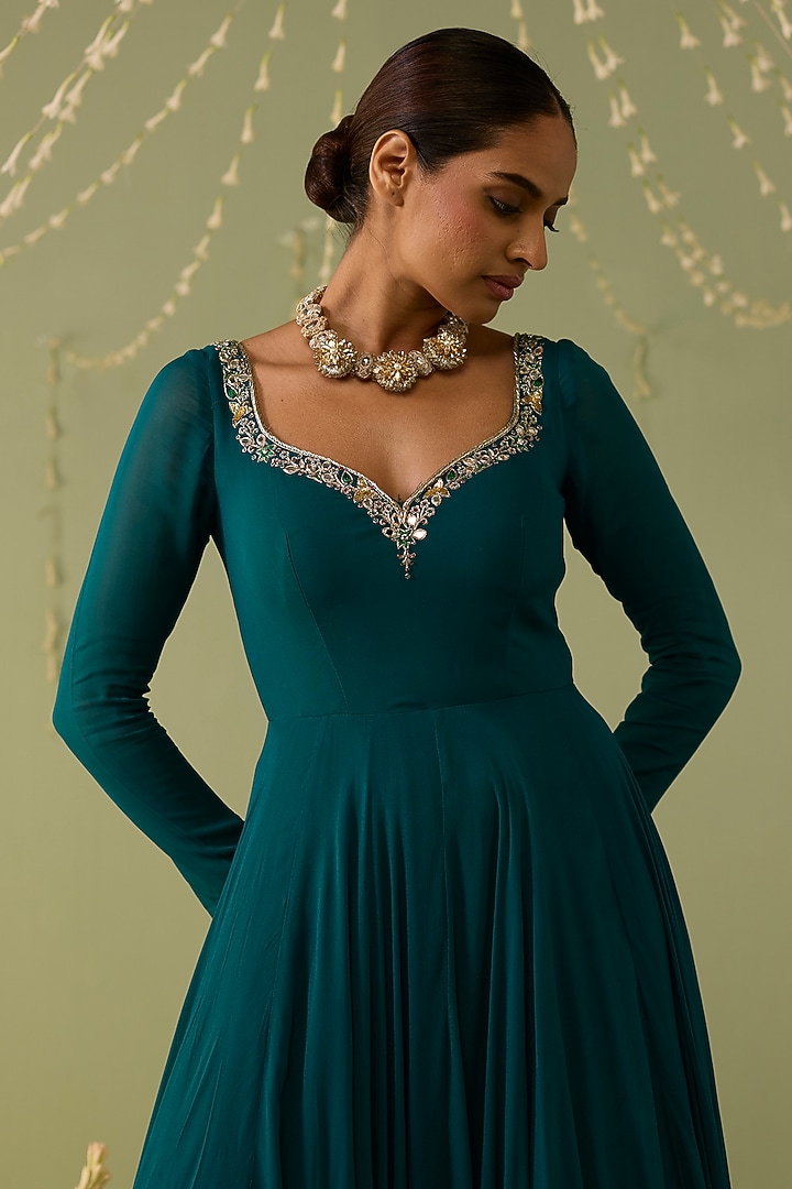 Teal Blue Georgette Hand Embroidered Party Wear Anarkali Set by Label Meesa at Pernia's Pop Up Shop